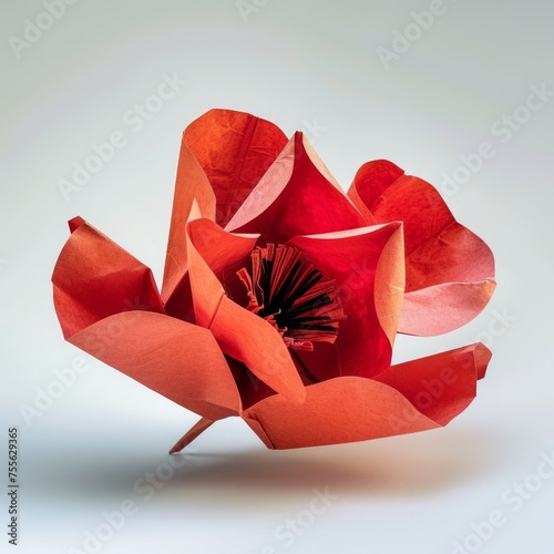 Origami, beautiful poppy flower made of paper on a white background