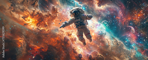 An astronaut with jetpack hands drifts dangerously close to a fiery space anomaly, indicating risk and the unknown photo