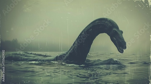 Old retro photo of loch ness creature. Underwater monster swim in lake. Vintage illustration art. Scary mysterious nessie dinosaur. Unreal myth animal. Legend of lochness reptile. photo
