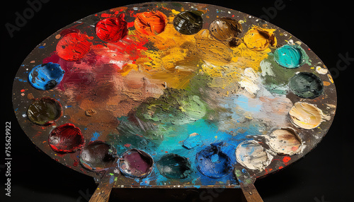 A painter's palette where each color transforms into a different world - wide format