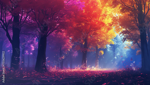 Enchanting forest scene showcases trees adorned with multicolored - luminescent leaves - illuminating the surroundings with wonder - wide format photo