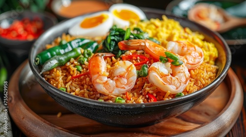 Delicious Shrimp Fried Rice in Bowl with Boiled Eggs and Fresh Herbs, Traditional Asian Cuisine on Rustic Table
