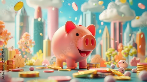 A vibrant 3D cartoon animation of a piggy bank journeying through various investment landscapes, accumulating coins