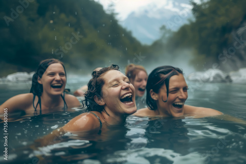 Joyous Friends Laughing Together in a Misty Natural Hot Spring with Mountain Backdrop photo