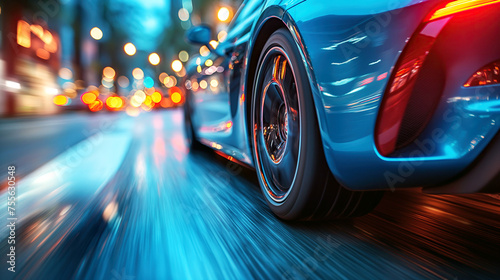 back rear wheel of fast moving car with motion blur close-up. Luxury sports car in the city at night © alexkoral
