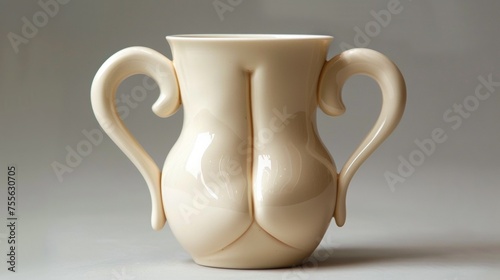 A white vase with a curved bottom and two large handles, AI