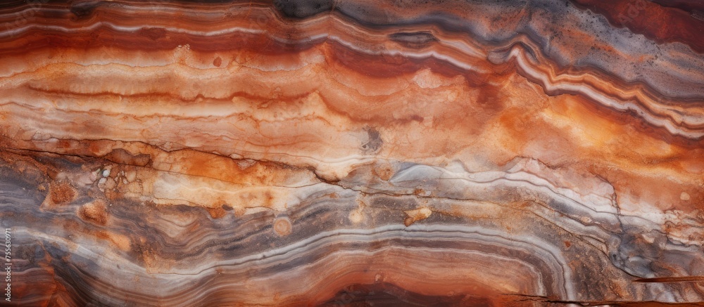 This close-up shot showcases the intricate patterns of a rock with a mix of brown and white hues. The textures of the rock highlight the natural beauty of the minerals composition.