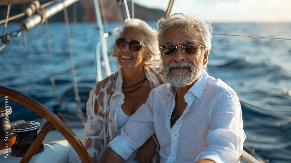 Luxurious trips and romantic getaways an elderly couple in love while traveling down the river on the yacht deck against blue sea backdrop, Generative AI.