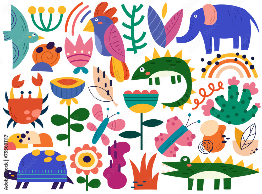 Fototapeta premium Hand drawn doodle animals with flowers decorative design elements vector illustration isolated set