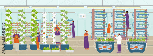 Vertical farm with workers flat vector illustration. Greenhouse with different equipment for crop production aeroponic towers, hydroponics and aquaponic.