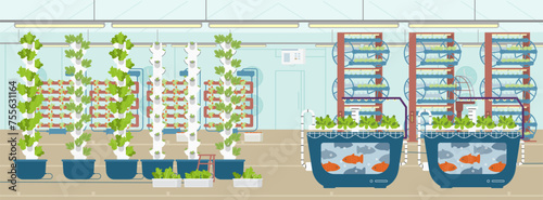 Vertical farm flat vector illustration. Greenhouse with different equipment for crop production aeroponic towers; hydroponics and aquaponic.