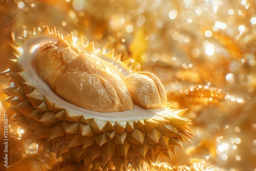 A sliced durian with its creamy flesh showcased, set against a radiant, warm-toned backdrop