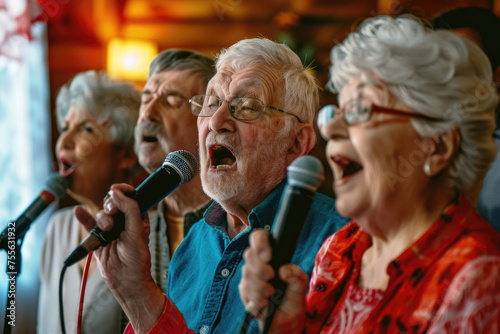 Senior friend group singing karaoke. Fun retirement birthday activity photo