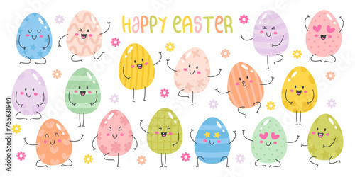 Happy Easter egg characters with positive emotion, cute laughing emoji mascot for spring holiday set © Mykola Syvak