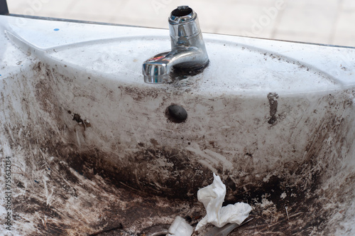 grungy and broken sink in a public place