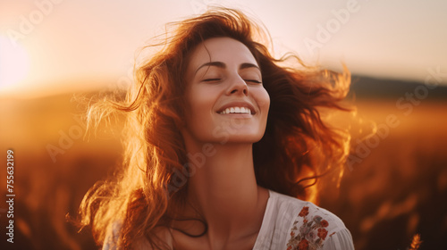 Backlit portrait of calm happy smiling free woman with closed eyes enjoys a beautiful moment life on the fields at sunset