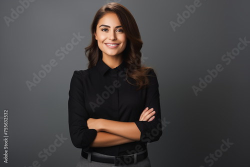 Happy young smiling confident professional business woman wearing black shirt, pretty stylish female executive looking at camera, standing arms crossed isolated at gray background