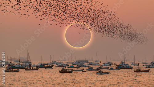 Sticker Solar eclipse - Colorful fishing boats near the shore of dirty water of Arabian