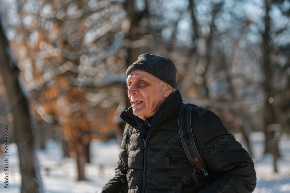 senior man looking away while running at park during winter