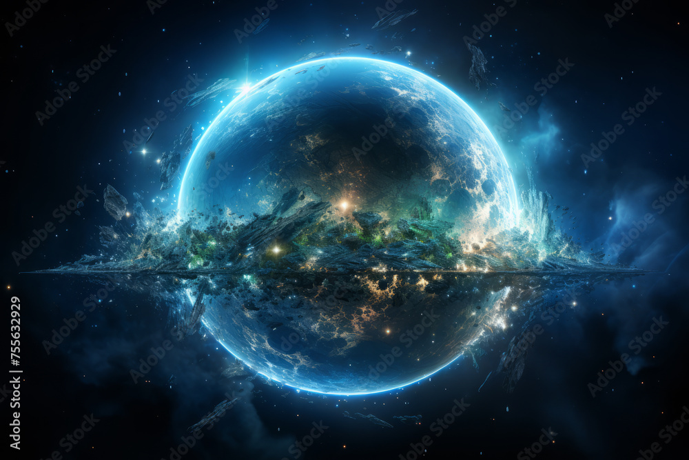 Obraz premium Futuristic sci-fi style cosmic objects surrounded by debris