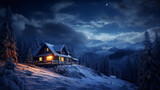 Night sky over snow-covered house in forest--