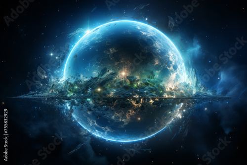 Futuristic sci-fi style cosmic objects surrounded by debris