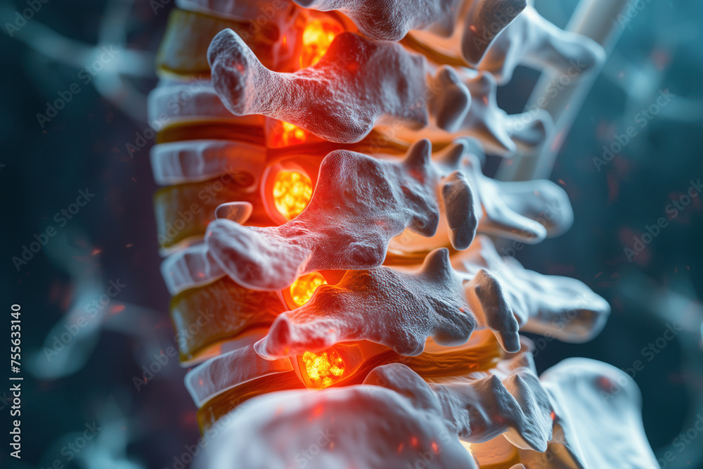 Detailed anatomy 3D illustration of vertebra that is affected by inflammation in lumbar spine AI Generative - obrazy, fototapety, plakaty 