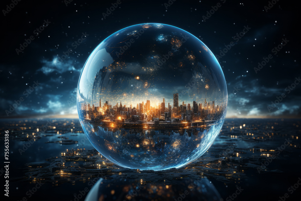 Sci-fi scene of a large sphere lighting up the city night sky Sci-fi scene of a large sphere lighting up the city night sky