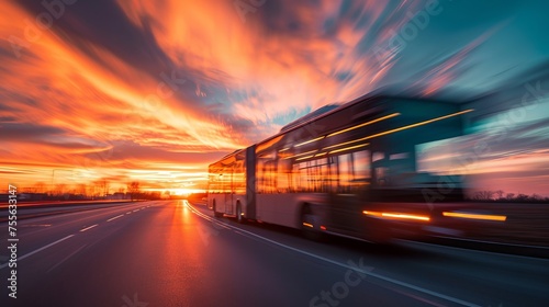 Beautiful Sunset and Moving Bus Captured in Motion Blur