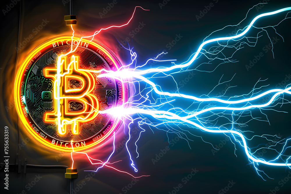 Fototapeta premium Bitcoin cryptocurrency on lightning background. Cryptocurrency concept. Vector illustration,Illuminated Bitcoin Amidst Electric Storm