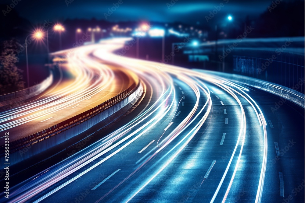 Abstract highway light trails in blue webcore style, evoking intertwined networks and fleeting brushstrokes. car light trails with tilt shift. Abstract highway light trails in blue webcore style, evoking intertwined networks and fleeting brushstrokes. car light trails with tilt shift.