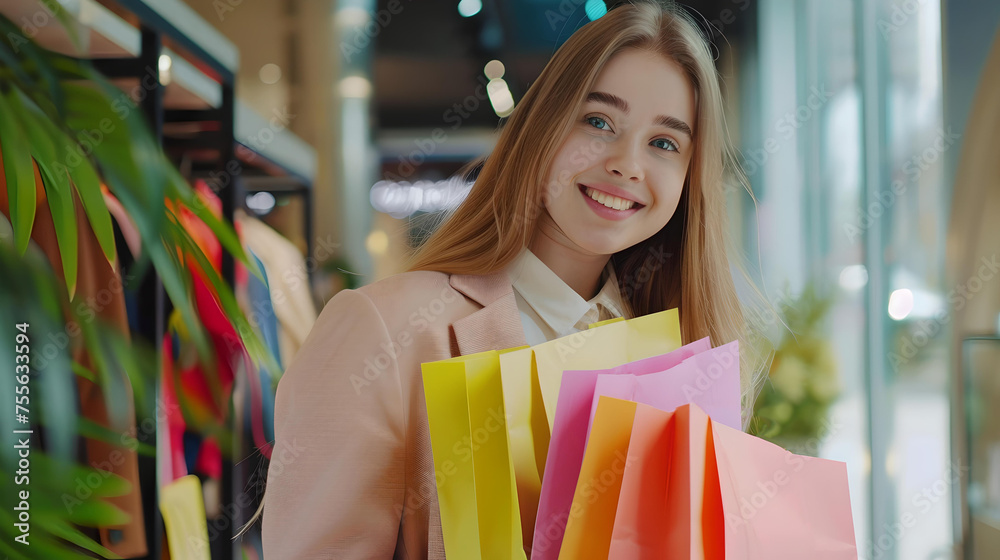 Smiling young woman with colorful shopping bags in a mall. cheerful shopper enjoying retail therapy. casual urban consumerism scene. AI