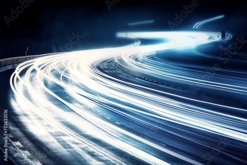 Abstract highway light trails in blue webcore style, evoking intertwined networks and fleeting brushstrokes. car light trails with tilt shift.