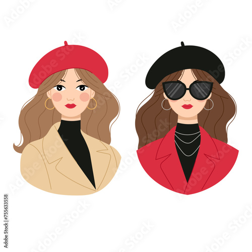 French woman. Flat illustration of a girl. Set of illustrations young French women in red and black berets.
