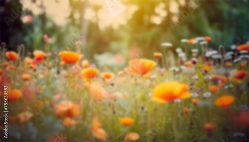 Blurred Poppy field at sunset in the spring. Red poppies in sunset light. Summer nature concept. Concept: nature, spring, biology, fauna, environment, ecosystem. Red beauty landscape © annebel146