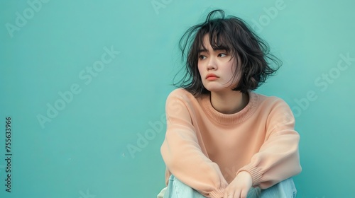 A Girl Suffering Fresh Breakup Sitting On A Color Background photo