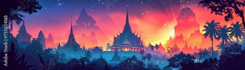 Fairytale illustrations of Thai temples in anime style silhouetted against strobe lighting