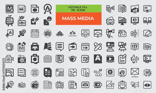 Set of 76 fill editable icons related to ESG Mass media. Television radio newspaper magazine. Internet digital social media video. News printed editions glossy magazines. Video and audio information