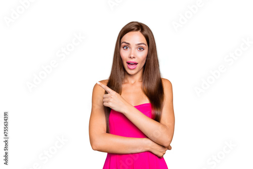 Look here! Close up photo portrait of pretty glad nice confident charming gorgeous smart clever groomed neat lady showing direction to empty blank place isolated on blue bright vivid background