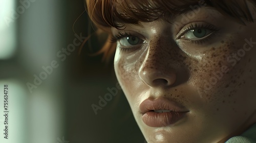 Portrait of a young woman with freckles, reflective mood. cinematic style close-up. ideal for contemporary projects. AI © Irina Ukrainets
