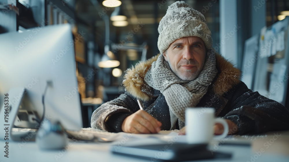 Man in winter hat and jacket working in a office.