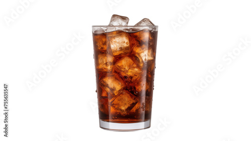 Glass of soda with cube of ice cut out. Isolated glass of whiskey on transparent background