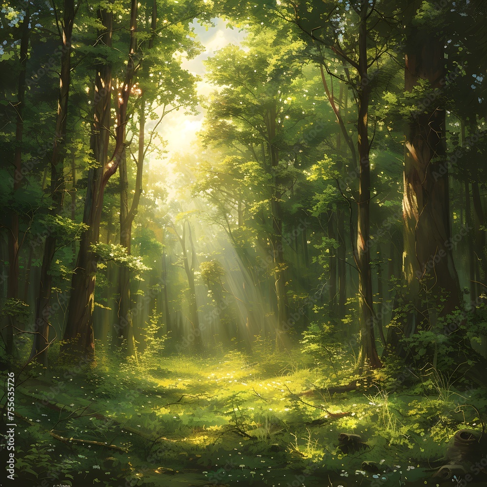 Fototapeta premium Forest Background: Towering trees, dappled sunlight, and lush foliage create a serene woodland setting