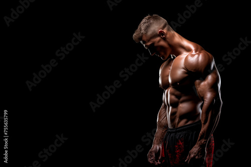Very muscular gym man posing shirtless looking down isolated on a black background. Copy space design