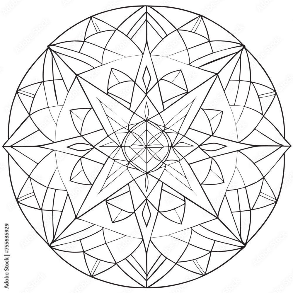 intricate geometric mandala with triangles, vector illustration line art