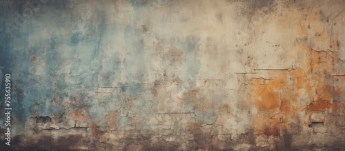 A painting depicting an old wall background in shades of blue and yellow  showing signs of fading color. The wall stands prominently in the composition  capturing the attention with its unique color