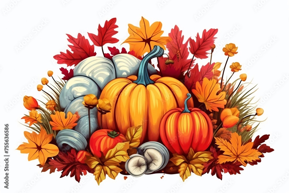A set of colorful autumn plants with leaves, pumpkins, mushrooms, apples, berries A set of colorful autumn plants with leaves, pumpkins, mushrooms, apples, berries