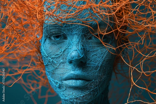 Closeup portrait of woman with orange hair wearing wire net around head, futuristic and surreal concept photo