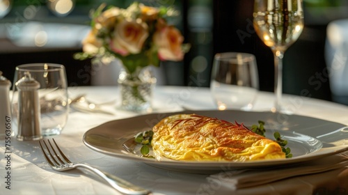 Exquisite serving of omelette for breakfast in a luxury restaurant. The table for two is elegantly set with crystal glasses, silverware and a small vase of fresh flowers.
