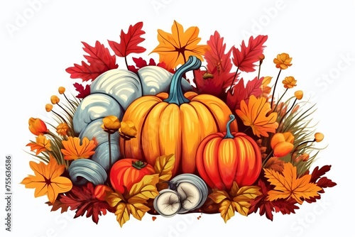 A set of colorful autumn plants with leaves  pumpkins  mushrooms  apples  berries 